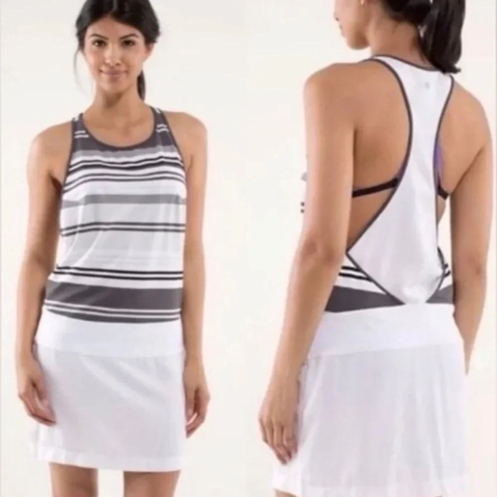 Lululemon Athletica Blissed Out Racerback Tennis Dress White Gray Striped Sz 6